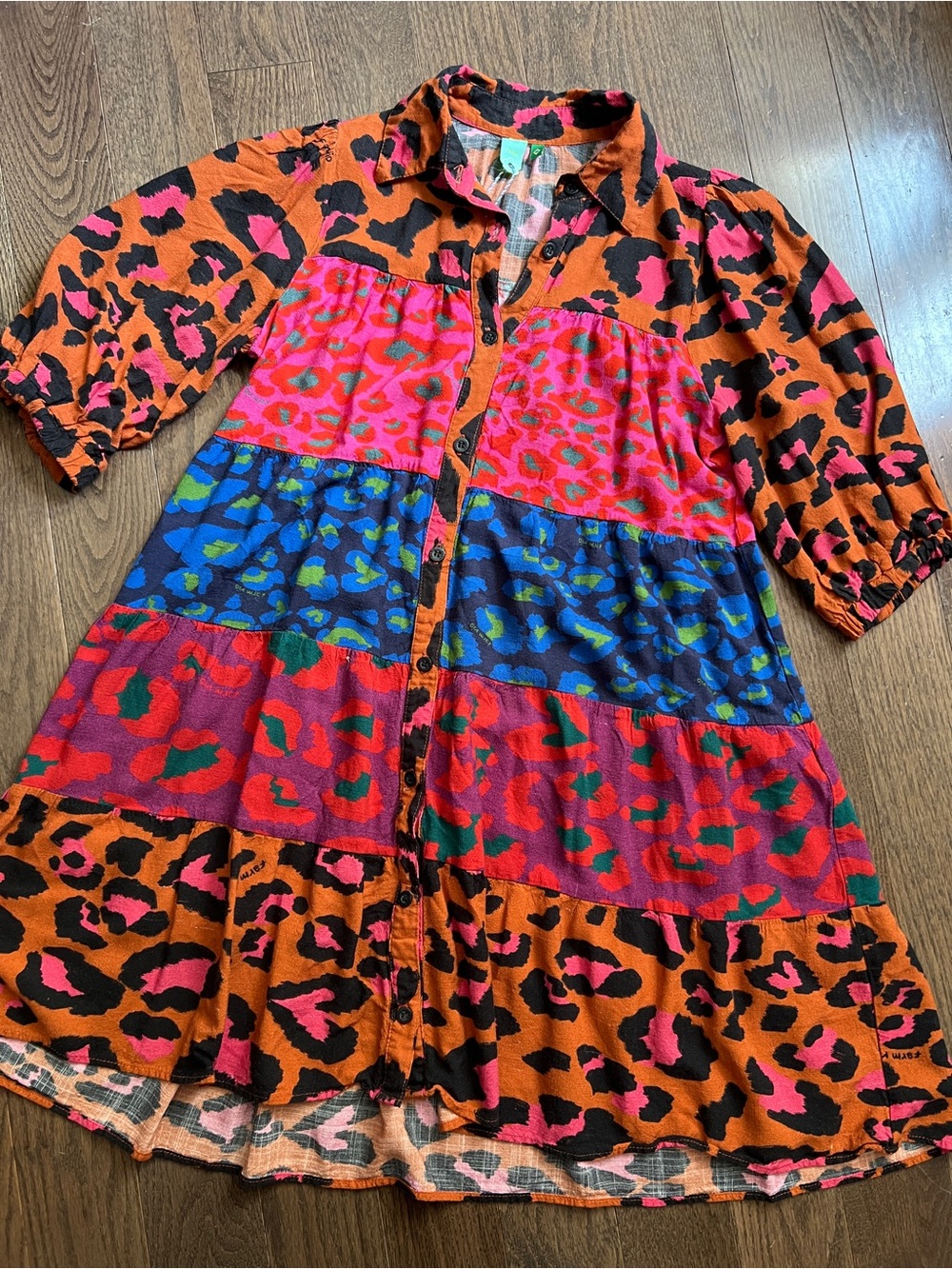 Farm Rio Tiered Animal Print Button-Front Dress in Orange Multicolor women’s xs